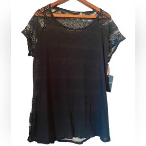 Dex Plus Sheer Lace Short Sleeved Black Top